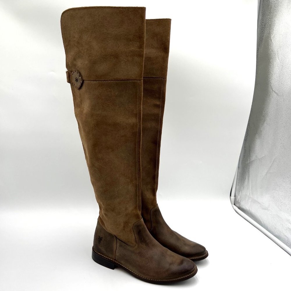 FRYE Shirley Boots Sz 5.5 B OTK Over The Knee Tall Olive Gray Tan Leather Riding